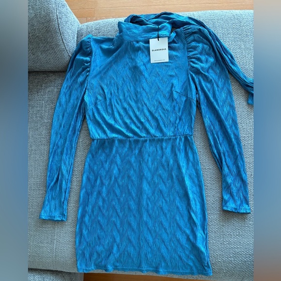 Glamorous Turquoise Textured High-Neck Mini Dress Size US 8 - Picture 4 of 16